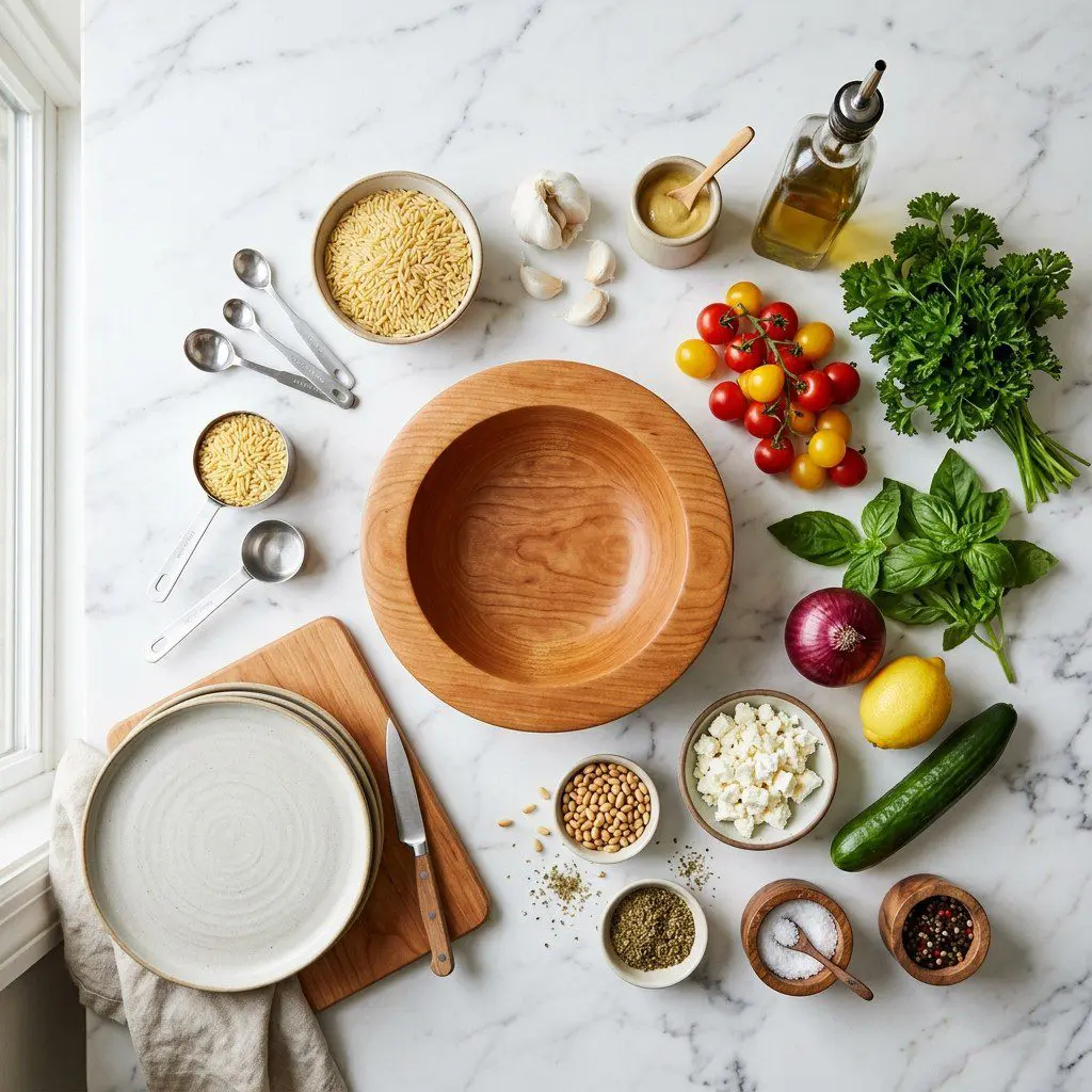 Raw cooking ingredients for Farmers Market Orzo Salad arranged beautifully on a clean kitchen counter.