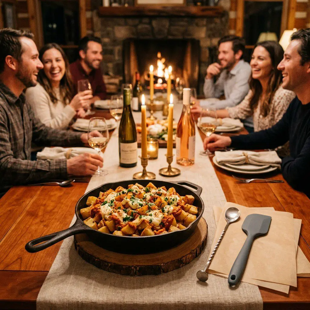 An appetizing, fresh serving of cooked Fierce Potatoes (Patatas Bravas) displayed beautifully on a styled dining table.
