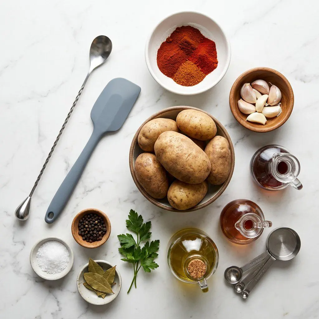 Raw cooking ingredients for Fierce Potatoes (Patatas Bravas) arranged beautifully on a clean kitchen counter.
