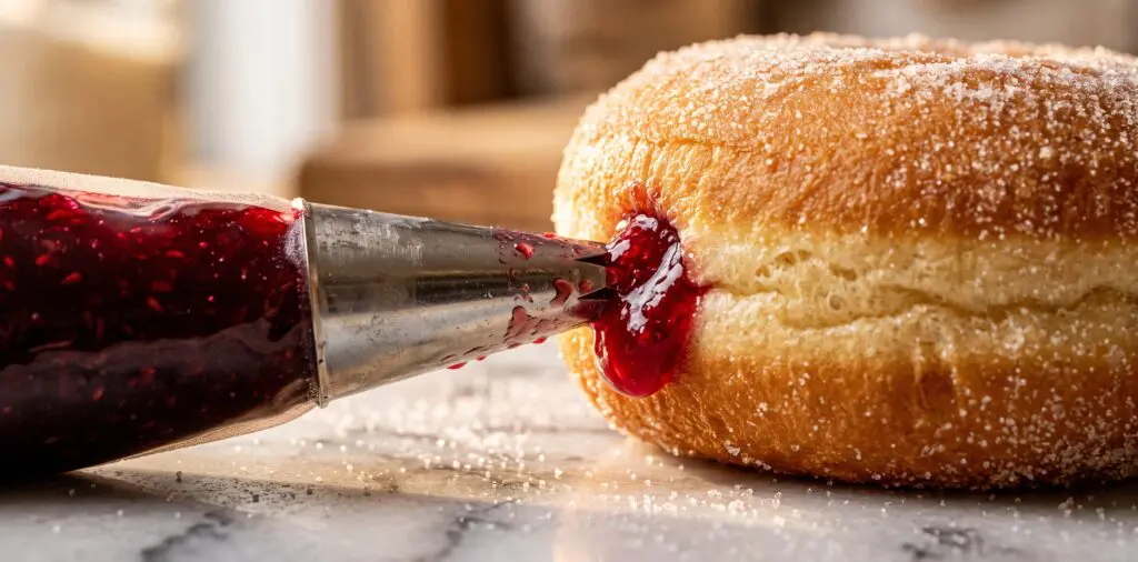 A pastry bag tip inserted into a soft fried donut, ruby-red raspberry jam being injected, the donut swelling.