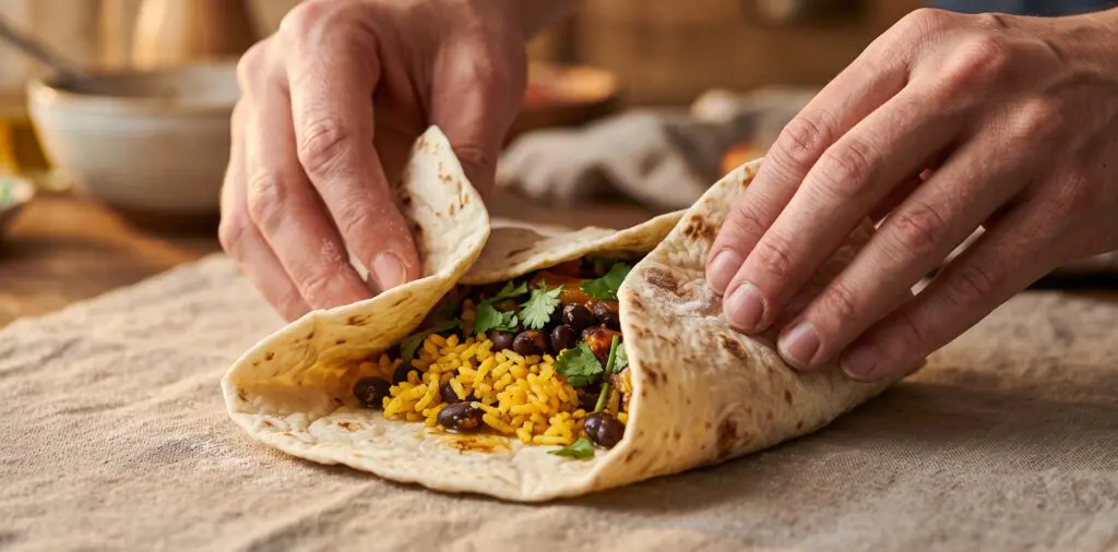 Hands mid-fold on a flour tortilla wrapped around saffron rice, black beans, and cilantro.