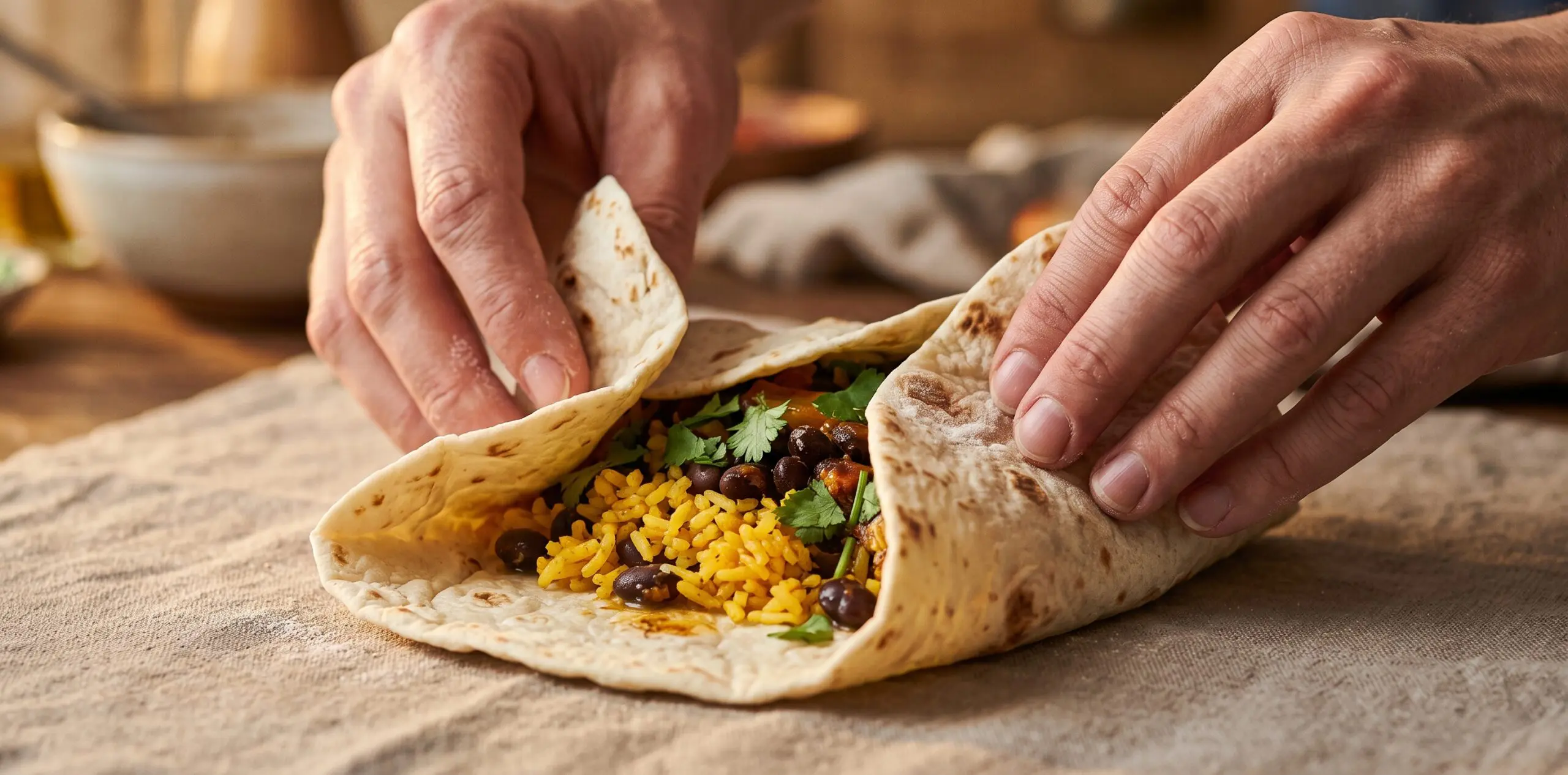Hands mid-fold on a flour tortilla wrapped around saffron rice, black beans, and cilantro.