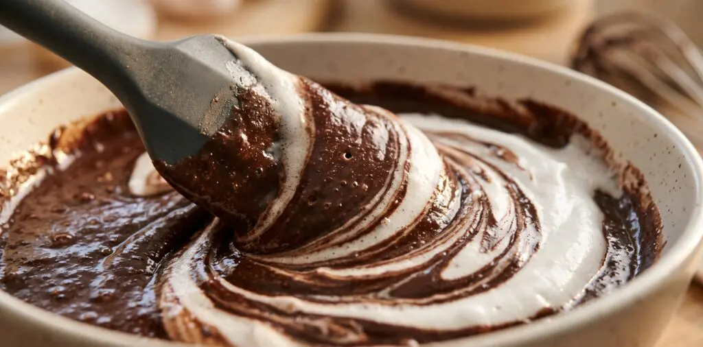 A silicone spatula folding glossy white egg foam into dark chocolate batter, creating a marbled ribbon.