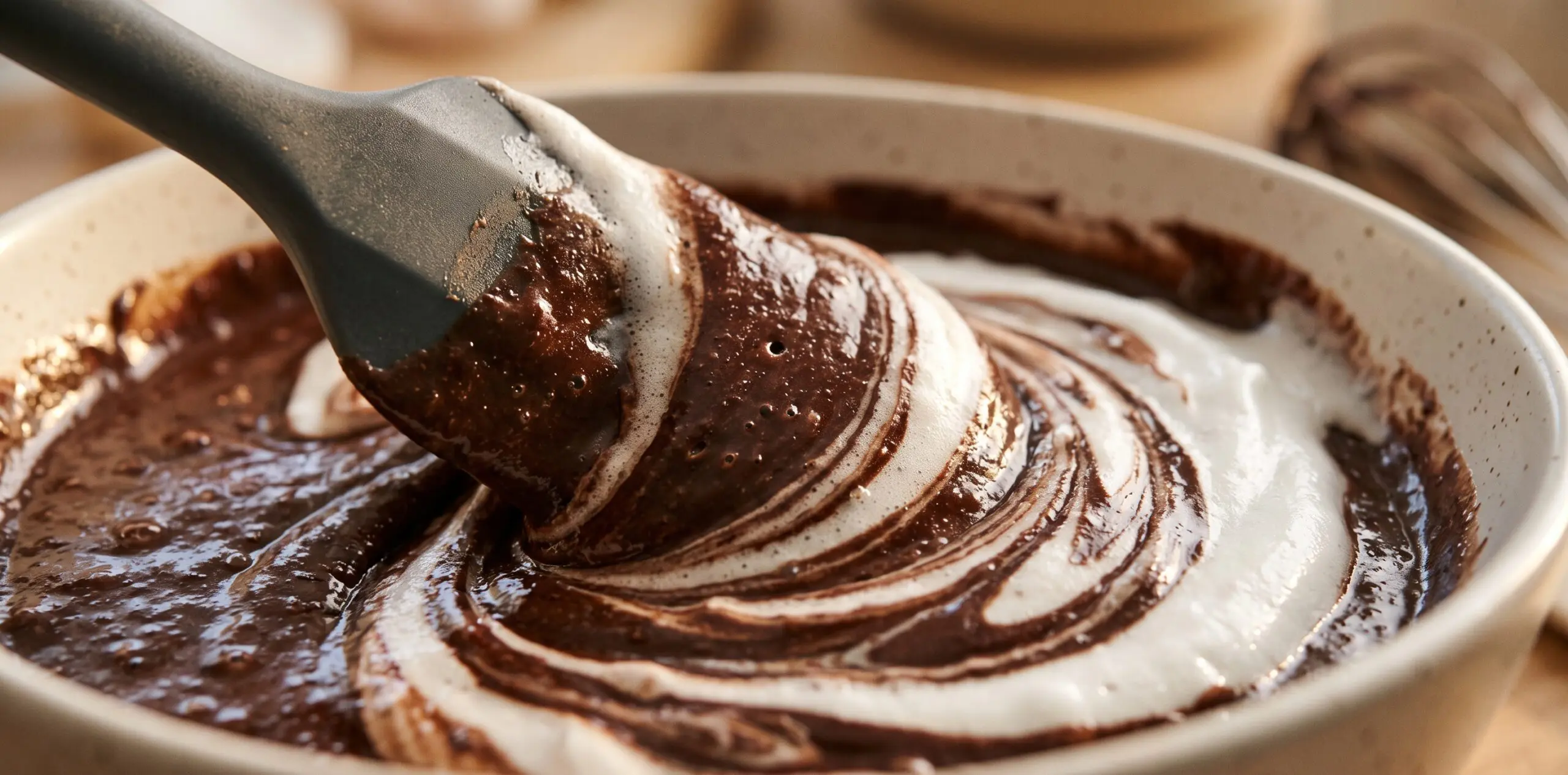 A silicone spatula folding glossy white egg foam into dark chocolate batter, creating a marbled ribbon.