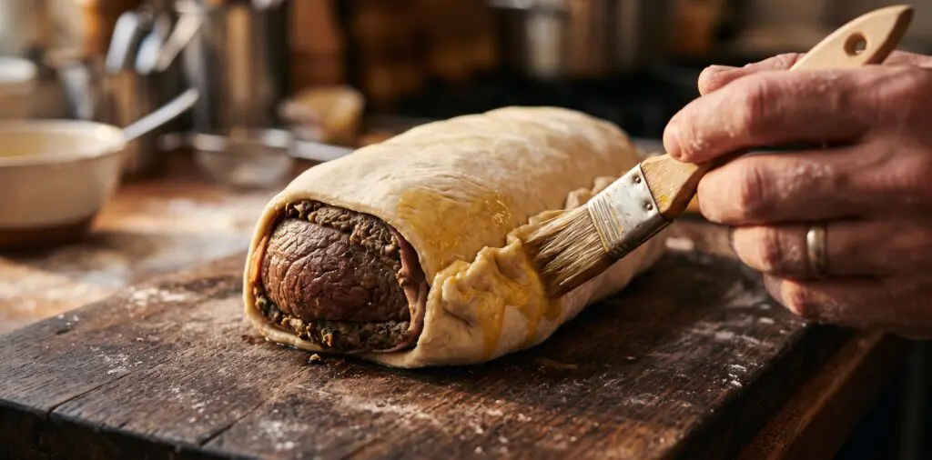A beef tenderloin being enveloped in puff pastry, edges pinched and sealed, egg wash applied to the seam.