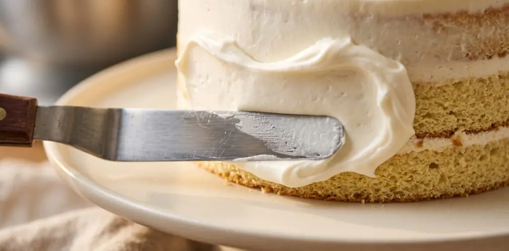 An offset spatula sweeping glossy white buttercream along the side of a layer cake in a smooth elegant pass.