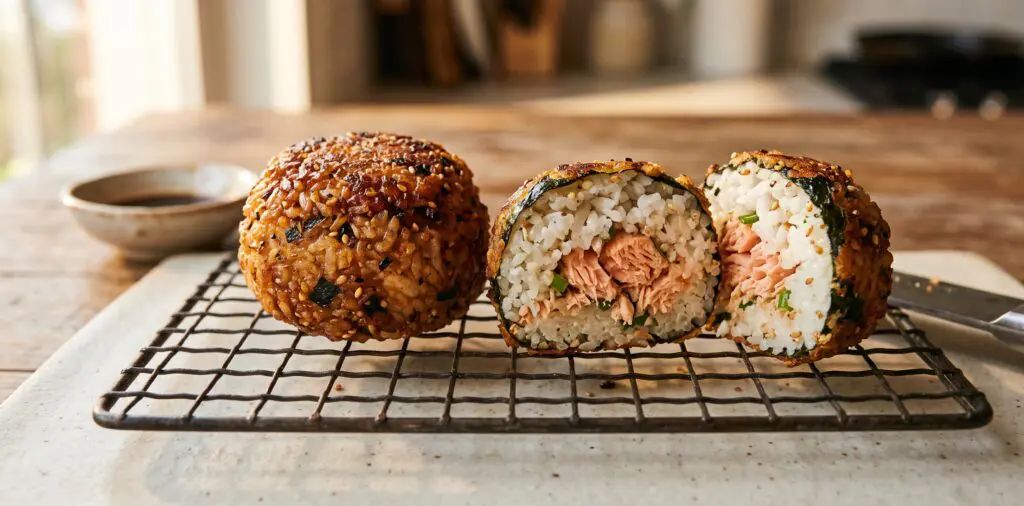 A fried rice and salmon ball on a wire rack, the outer crust golden, one ball cut to reveal white rice and pink salmon.