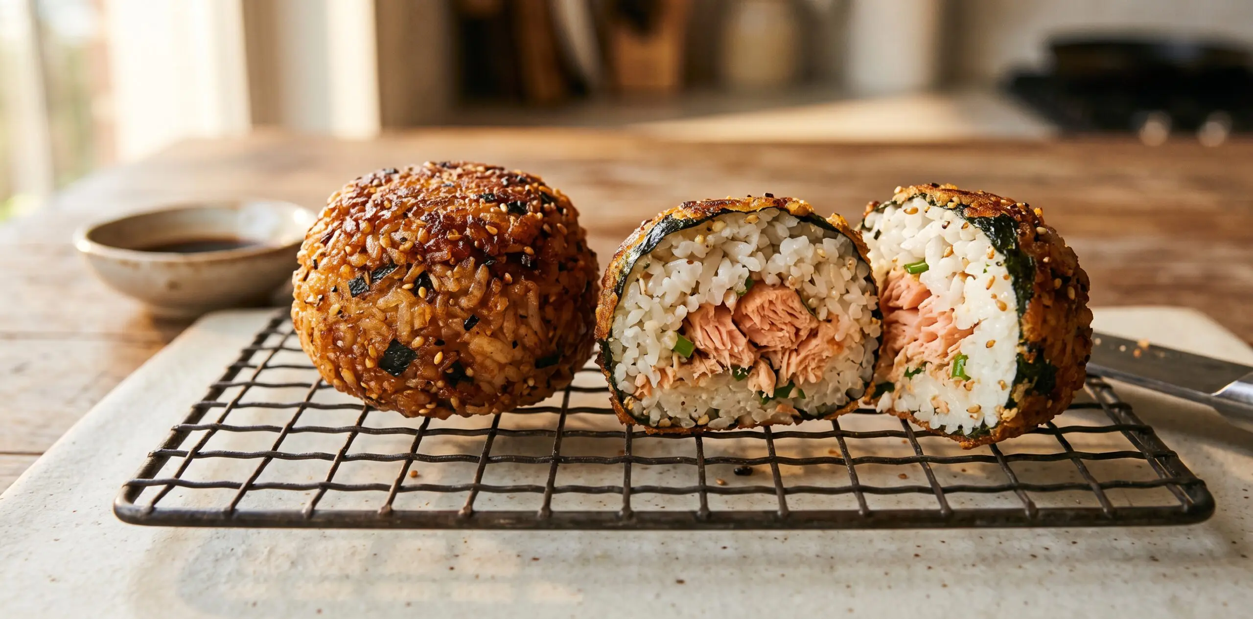 A fried rice and salmon ball on a wire rack, the outer crust golden, one ball cut to reveal white rice and pink salmon.