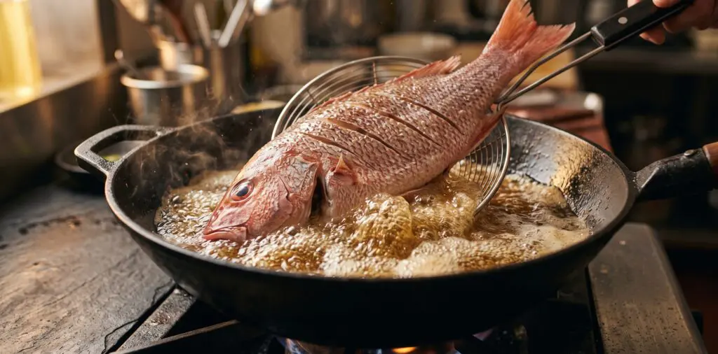 A whole scored red snapper being lowered into a wok of frying oil, the surface erupting into furious bubbling.