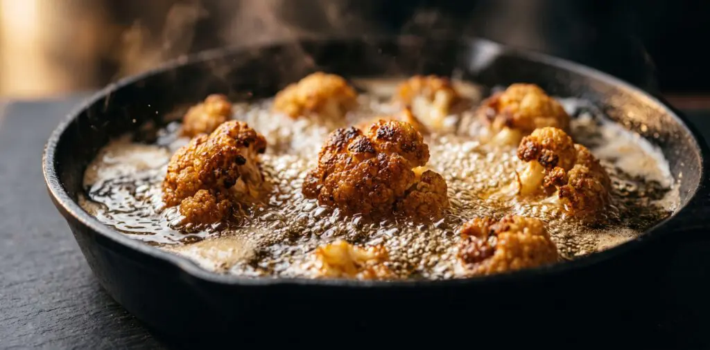 Cauliflower florets sizzling in golden frying oil, surfaces caramelizing to deep amber, oil foam surrounding them.
