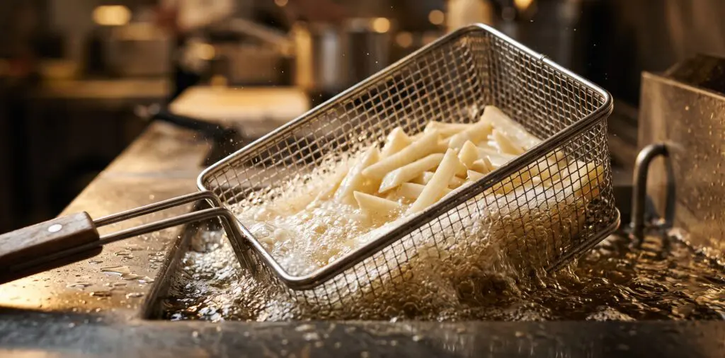 A wire fry basket of potato fries being lowered into hot oil, the surface surging and frothing violently.