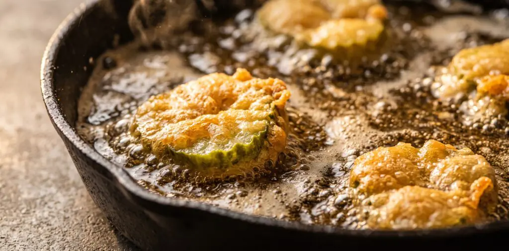 Battered pickle slices sizzling in hot oil, puffed golden batter crackling, bright green pickle visible at the edges.