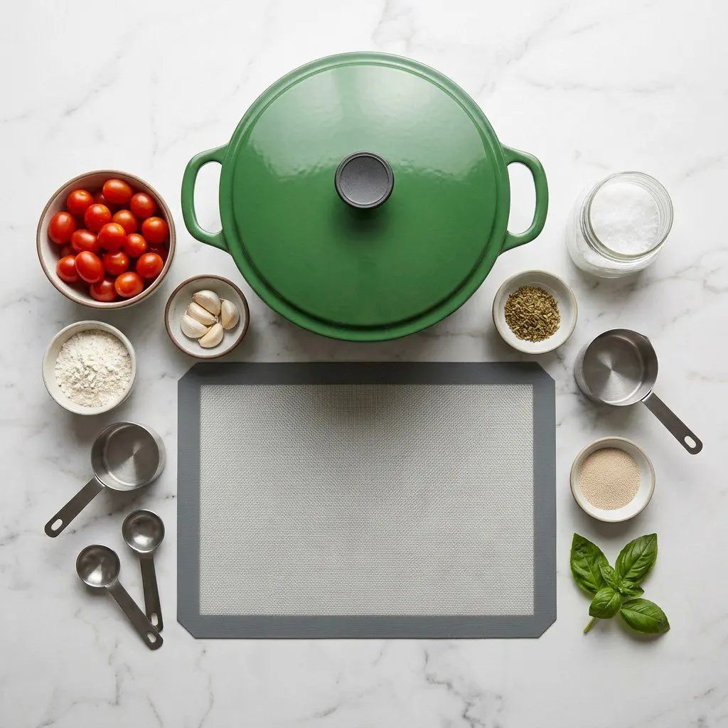 Raw cooking ingredients for Game Day Pizza arranged beautifully on a clean kitchen counter.