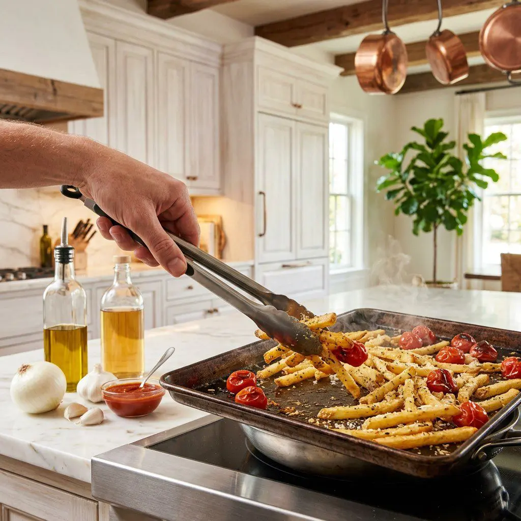 Home cook prepared steps for assembling and cooking Garlic-Parmesan Fries with Roasted Tomato Ketchup.