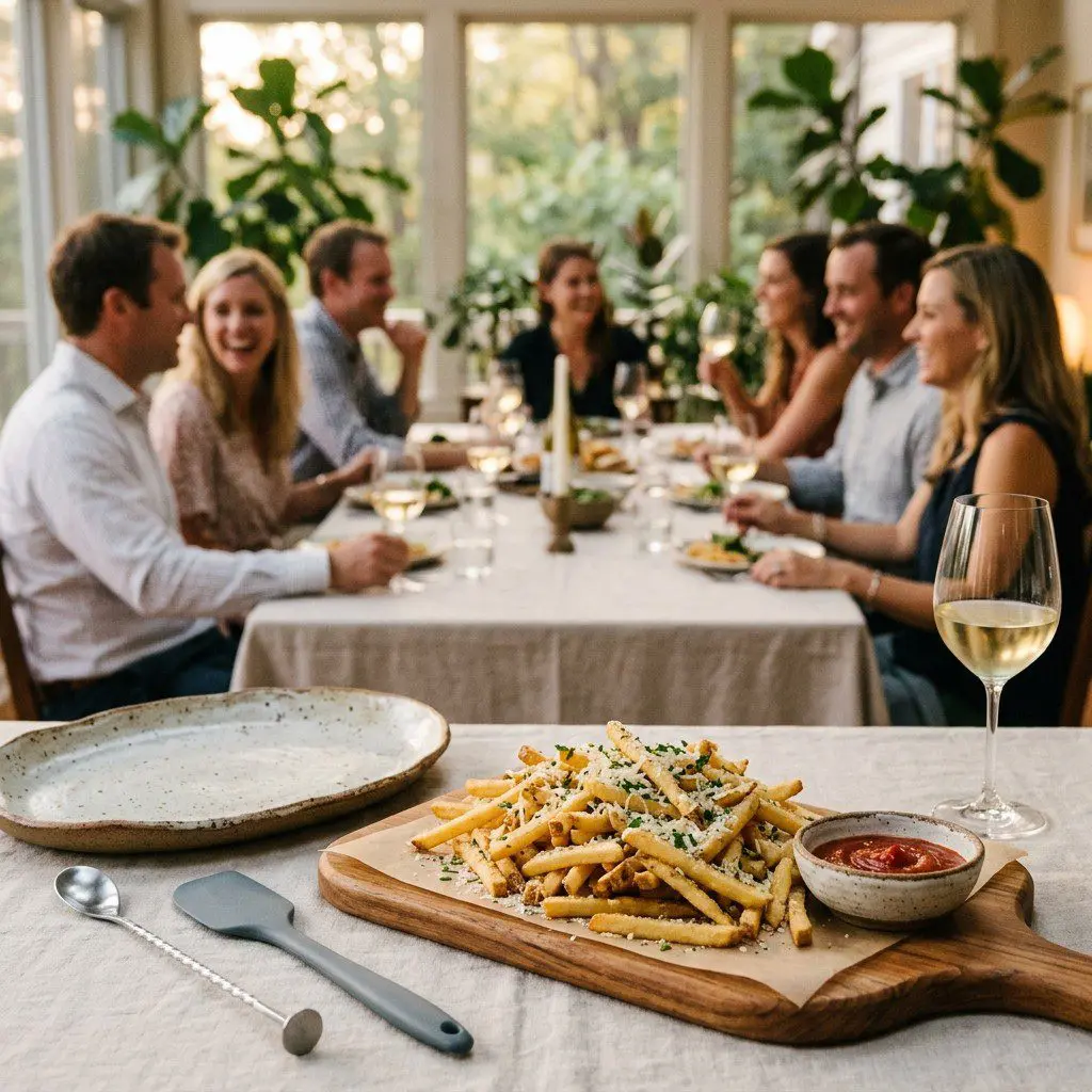 An appetizing, fresh serving of cooked Garlic-Parmesan Fries with Roasted Tomato Ketchup displayed beautifully on a styled dining table.