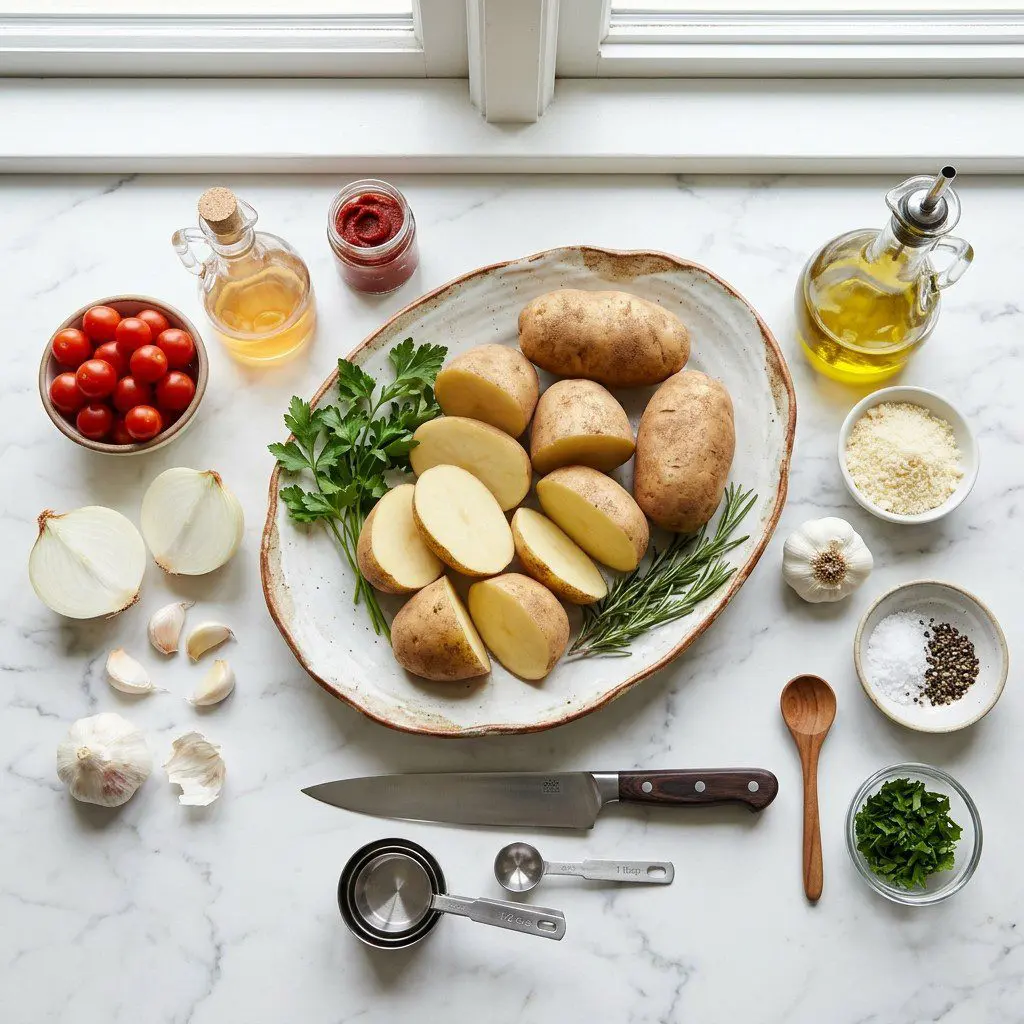 Raw cooking ingredients for Garlic-Parmesan Fries with Roasted Tomato Ketchup arranged beautifully on a clean kitchen counter.