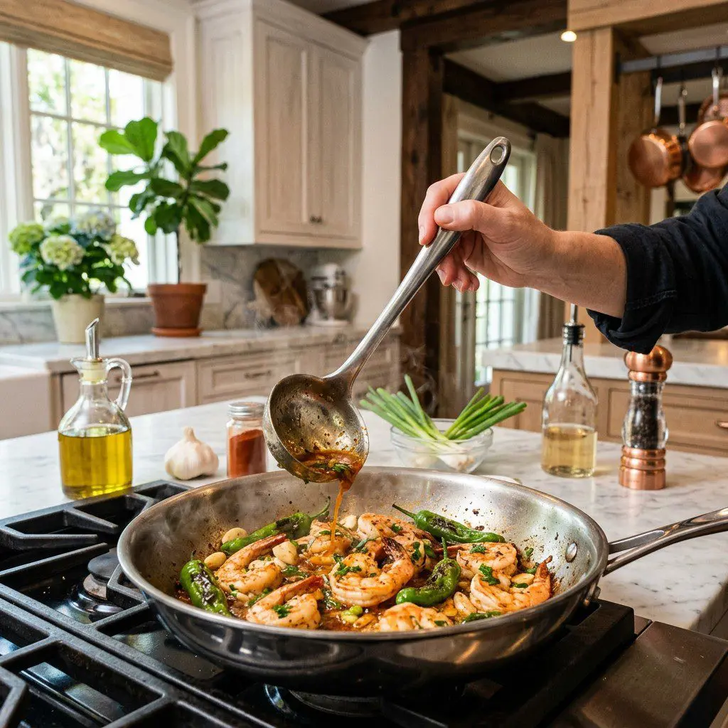Home cook prepared steps for assembling and cooking Garlicky Shrimp and Shishito Peppers.
