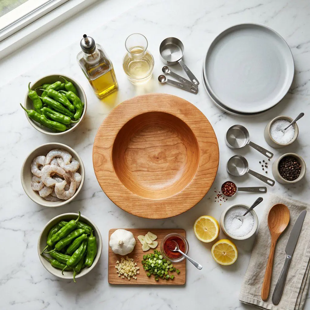 Raw cooking ingredients for Garlicky Shrimp and Shishito Peppers arranged beautifully on a clean kitchen counter.