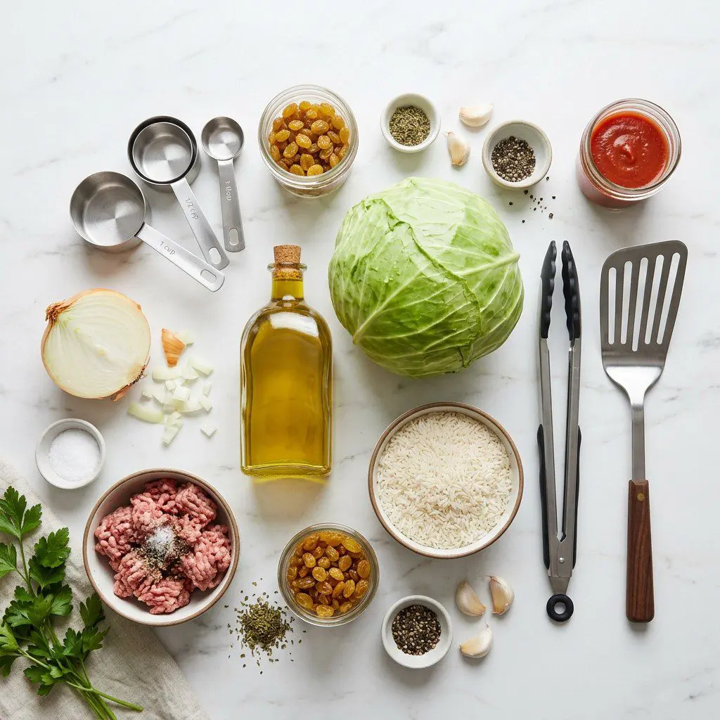 Raw cooking ingredients for Grammy’s Cabbage Rolls arranged beautifully on a clean kitchen counter.