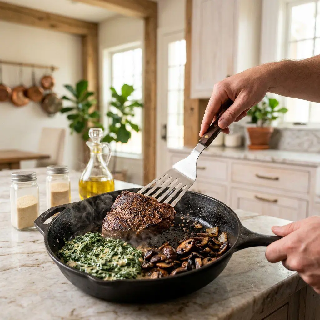 Home cook prepared steps for assembling and cooking Grilled Cap Steaks with Creamed Spinach and Sautéed Mushrooms.