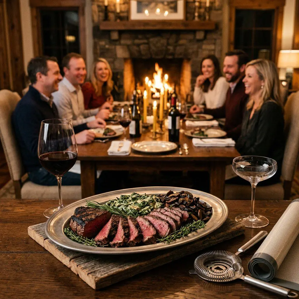 An appetizing, fresh serving of cooked Grilled Cap Steaks with Creamed Spinach and Sautéed Mushrooms displayed beautifully on a styled dining table.