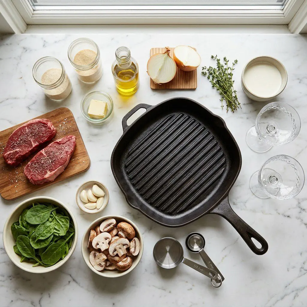 Raw cooking ingredients for Grilled Cap Steaks with Creamed Spinach and Sautéed Mushrooms arranged beautifully on a clean kitchen counter.