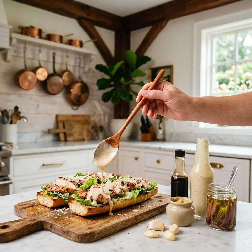 Home cook prepared steps for assembling and cooking Grilled Chicken Caesar Baguettes.