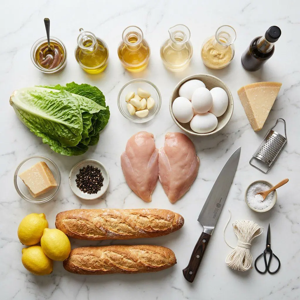 Raw cooking ingredients for Grilled Chicken Caesar Baguettes arranged beautifully on a clean kitchen counter.