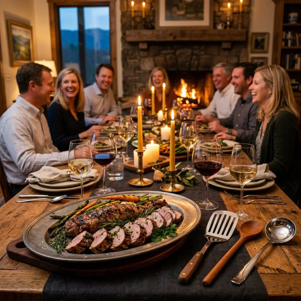 An appetizing, fresh serving of cooked Grilled Pork Tenderloins displayed beautifully on a styled dining table.