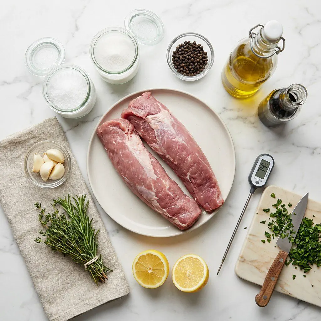 Raw cooking ingredients for Grilled Pork Tenderloins arranged beautifully on a clean kitchen counter.