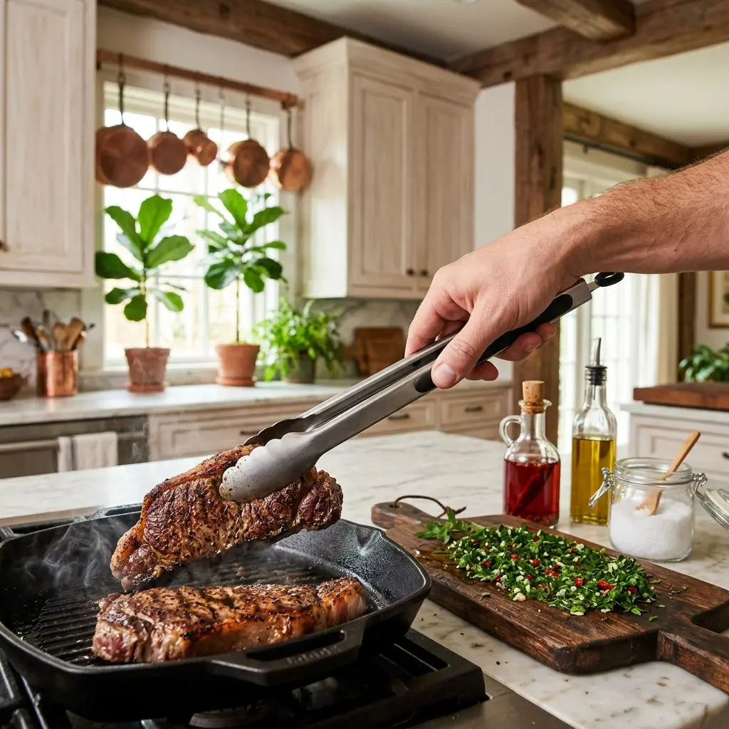 Home cook prepared steps for assembling and cooking Grilled Strip Steaks with Herbaceous Chimichurri Board Sauce.
