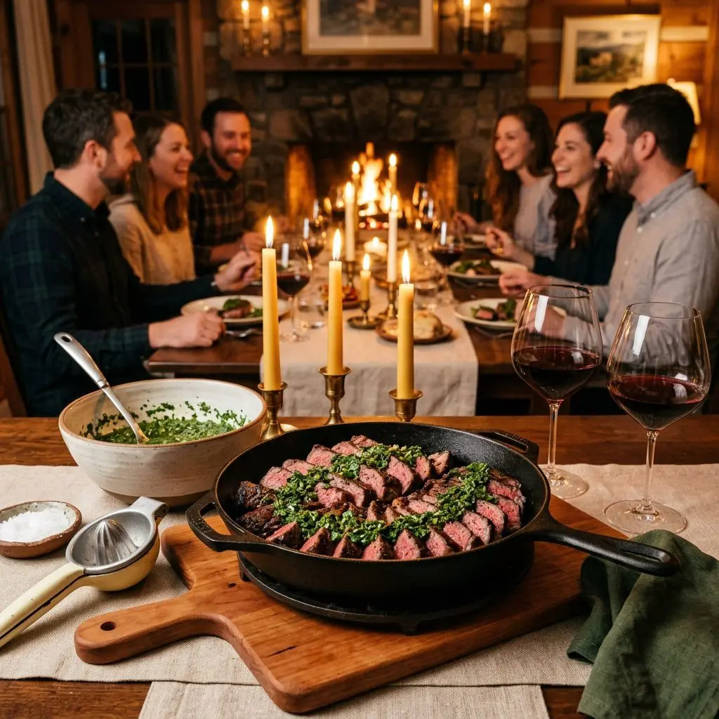 An appetizing, fresh serving of cooked Grilled Strip Steaks with Herbaceous Chimichurri Board Sauce displayed beautifully on a styled dining table.