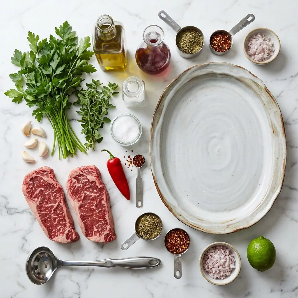 Raw cooking ingredients for Grilled Strip Steaks with Herbaceous Chimichurri Board Sauce arranged beautifully on a clean kitchen counter.