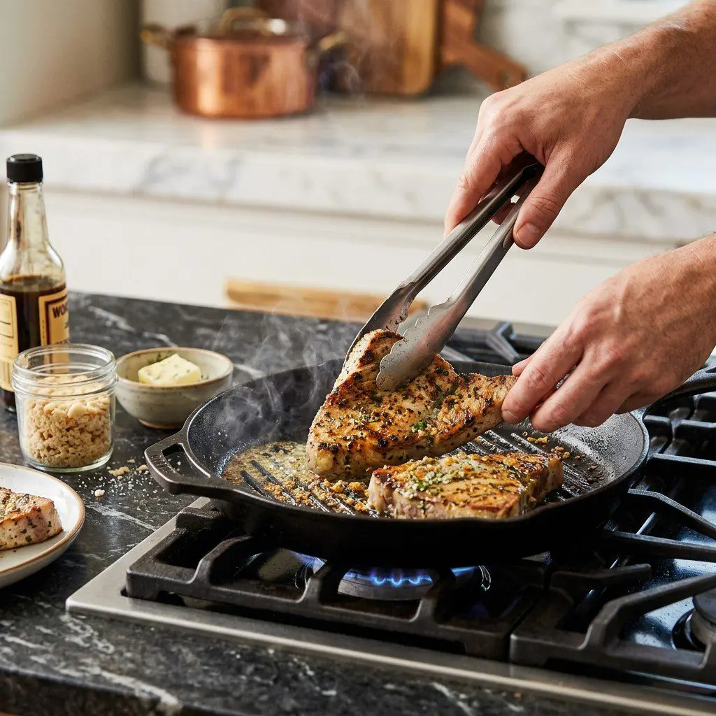 Home cook prepared steps for assembling and cooking Grilled Swordfish Steaks with Cracker Crumb Butter.