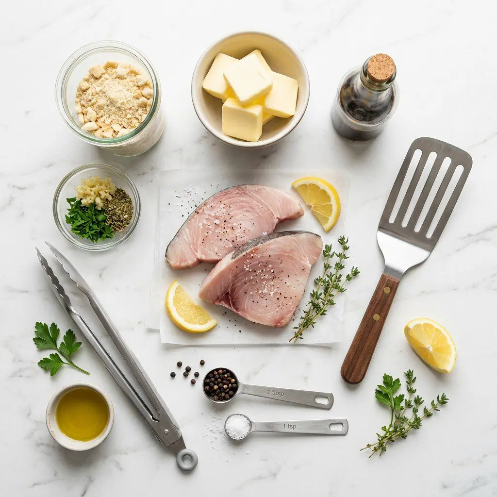 Raw cooking ingredients for Grilled Swordfish Steaks with Cracker Crumb Butter arranged beautifully on a clean kitchen counter.