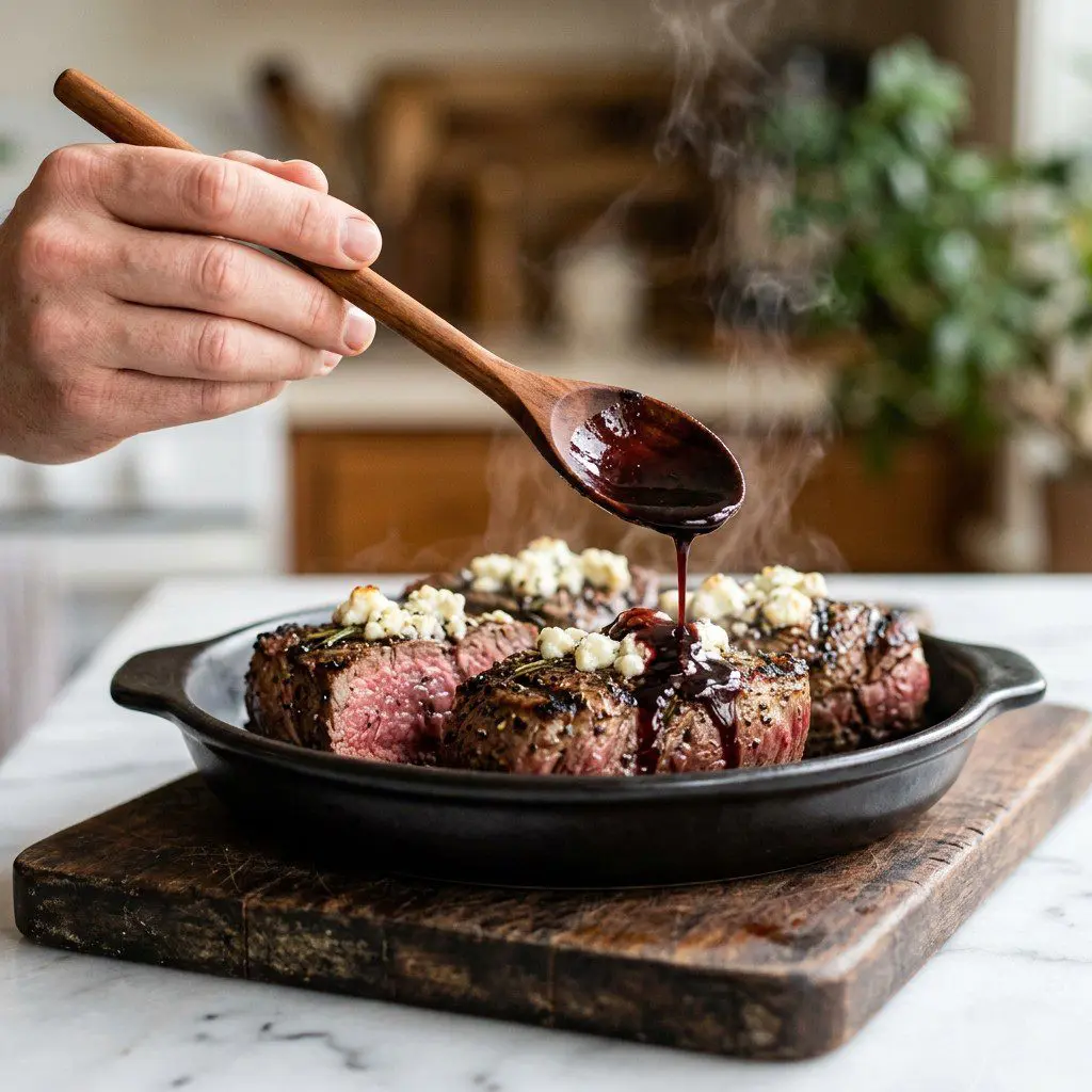 Home cook prepared steps for assembling and cooking Grilled Tenderloin Steaks with Goat Cheese and Red Wine Reduction.