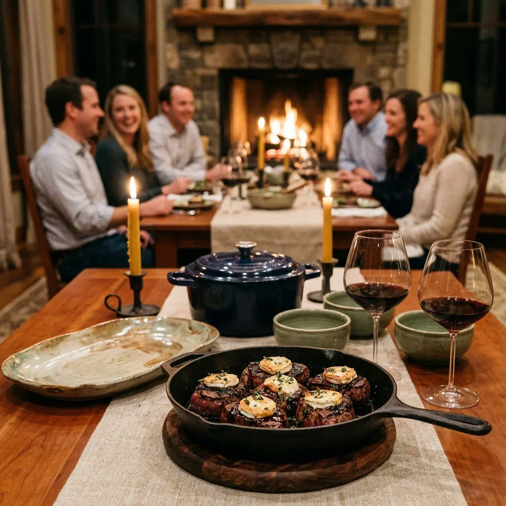 An appetizing, fresh serving of cooked Grilled Tenderloin Steaks with Goat Cheese and Red Wine Reduction displayed beautifully on a styled dining table.