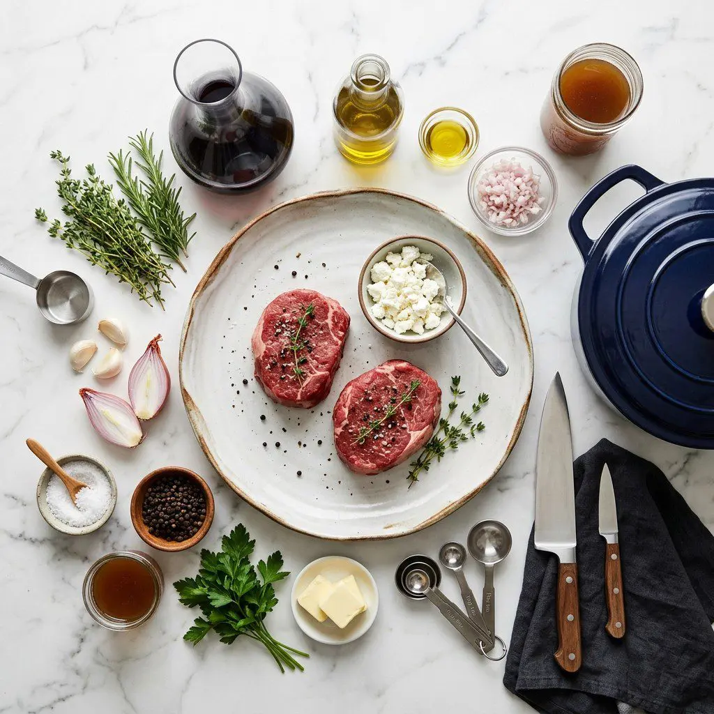 Raw cooking ingredients for Grilled Tenderloin Steaks with Goat Cheese and Red Wine Reduction arranged beautifully on a clean kitchen counter.