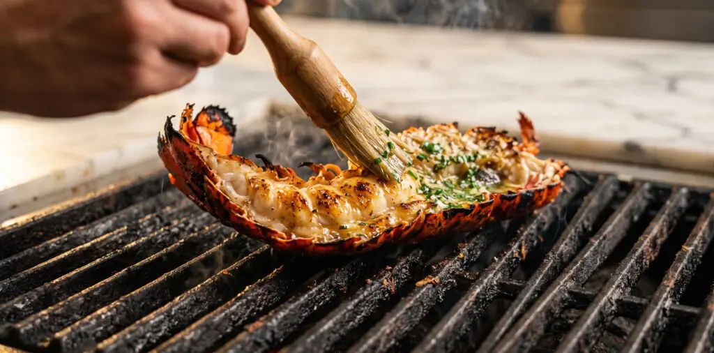 A split lobster tail on grill grates, the exposed flesh caramelizing, a pastry brush applying glossy herb butter.