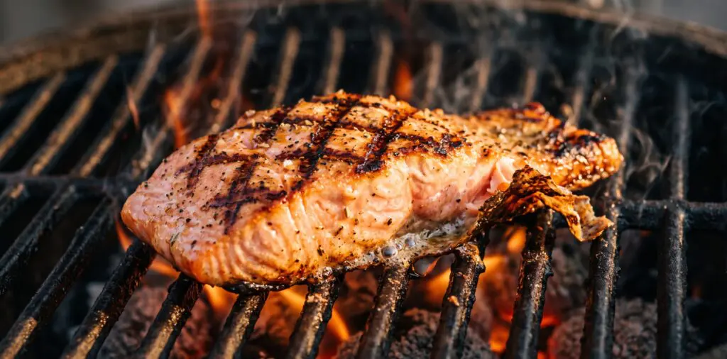 A salmon fillet on a screaming hot grill, crosshatch grill marks branding the pink flesh, skin crisping.