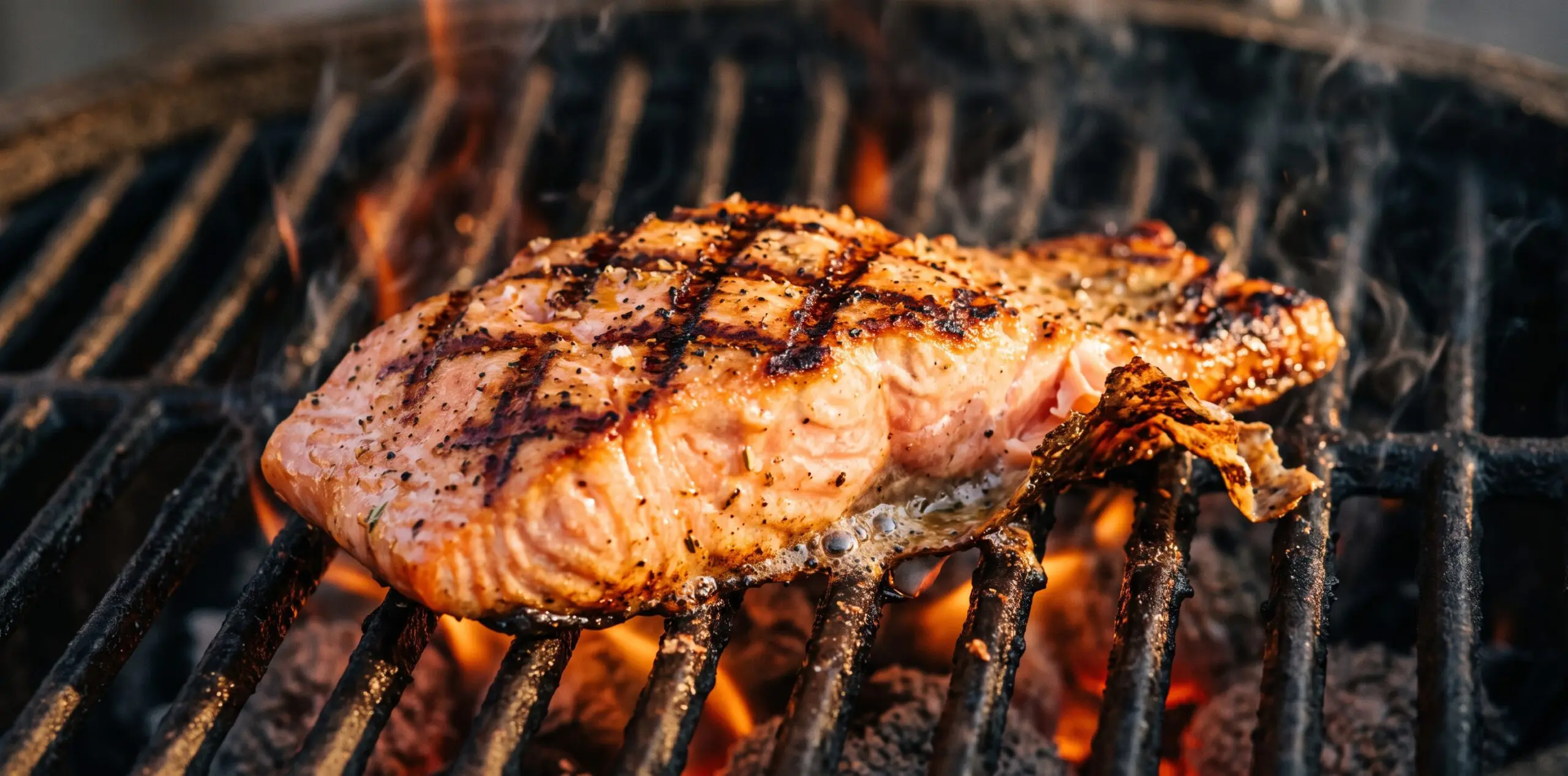 A salmon fillet on a screaming hot grill, crosshatch grill marks branding the pink flesh, skin crisping.