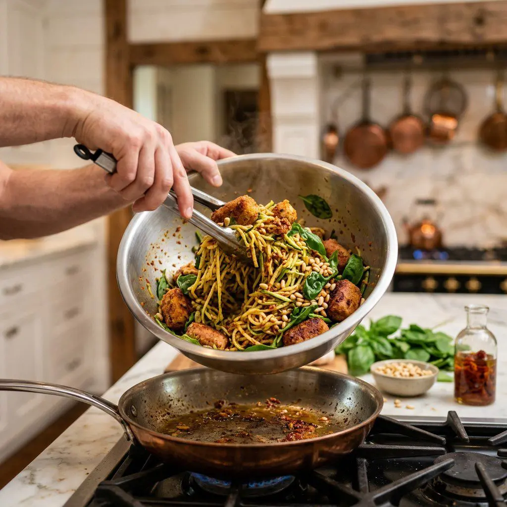 Home cook prepared steps for assembling and cooking Ham Croquettes over Zucchini Pasta with Sun-Dried Tomato Pesto.