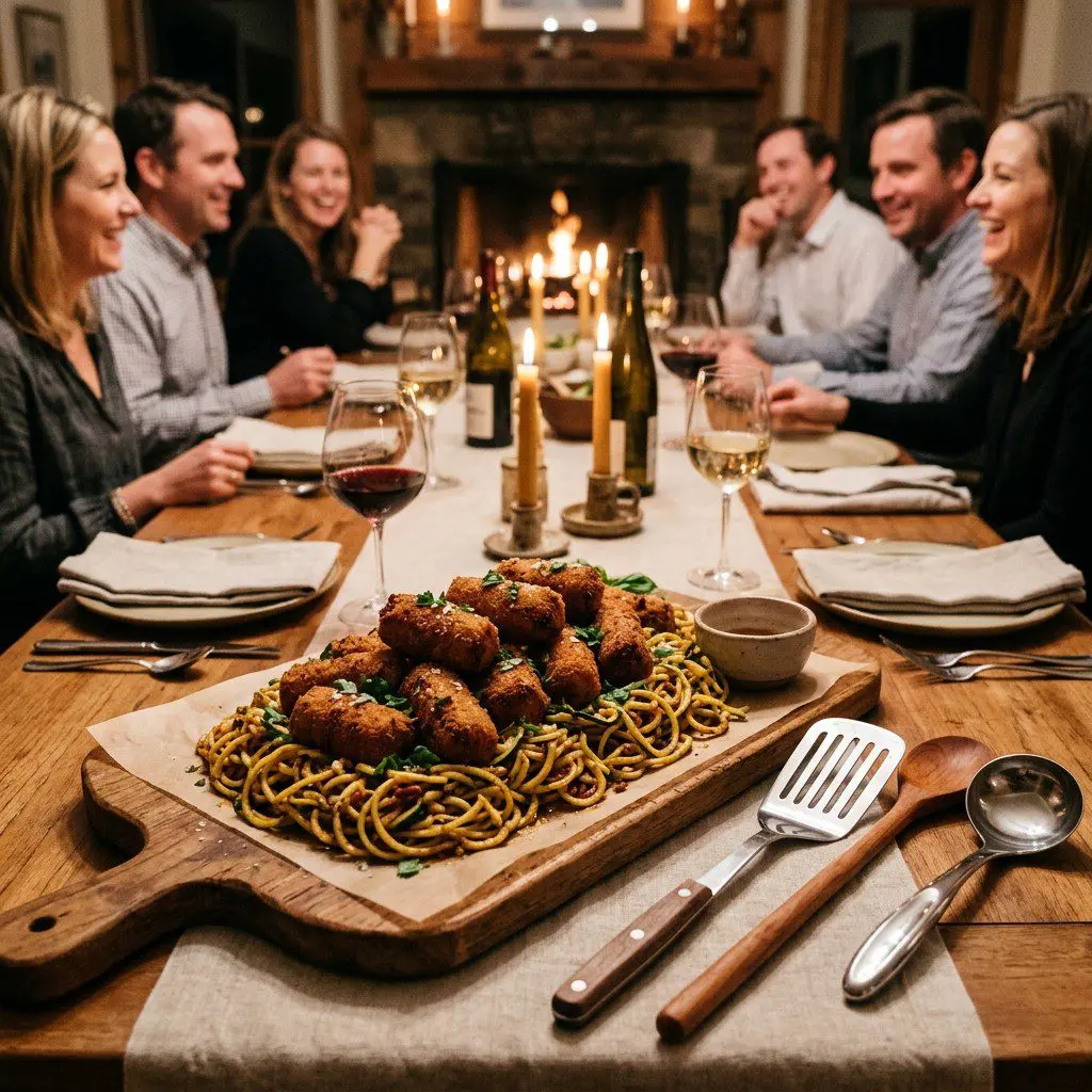 An appetizing, fresh serving of cooked Ham Croquettes over Zucchini Pasta with Sun-Dried Tomato Pesto displayed beautifully on a styled dining table.