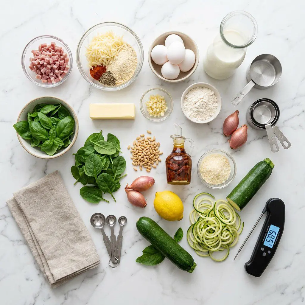 Raw cooking ingredients for Ham Croquettes over Zucchini Pasta with Sun-Dried Tomato Pesto arranged beautifully on a clean kitchen counter.