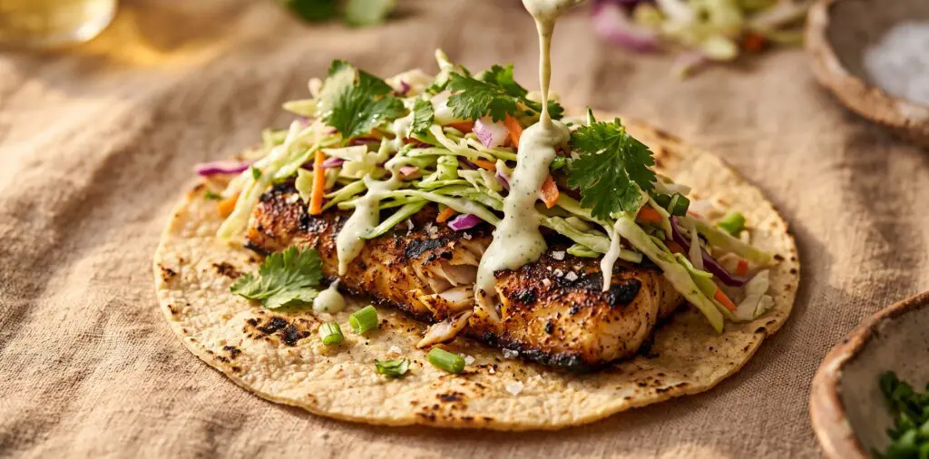 A corn tortilla being assembled into a fish taco, charred fish at center, green slaw mounded, lime crema drizzling.