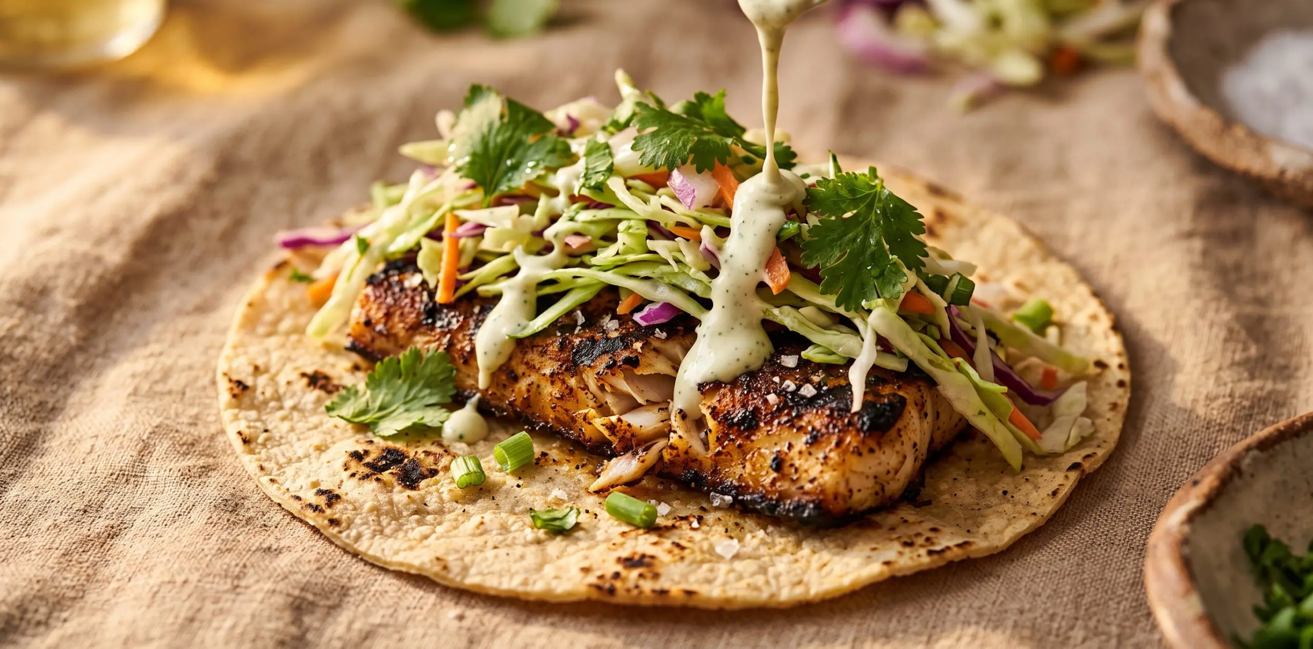 A corn tortilla being assembled into a fish taco, charred fish at center, green slaw mounded, lime crema drizzling.