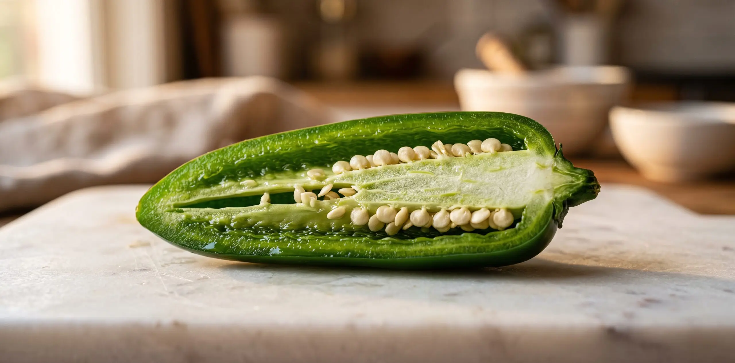 A jalapeño chile halved lengthwise, interior anatomy revealed: white ribs, cream seeds, deep green skin.