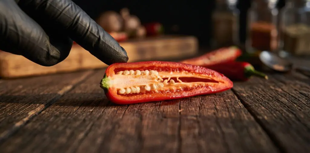 A vivid red Fresno chile halved lengthwise, cream-white ribs and glistening seeds exposed, gloved fingertip at the edge.