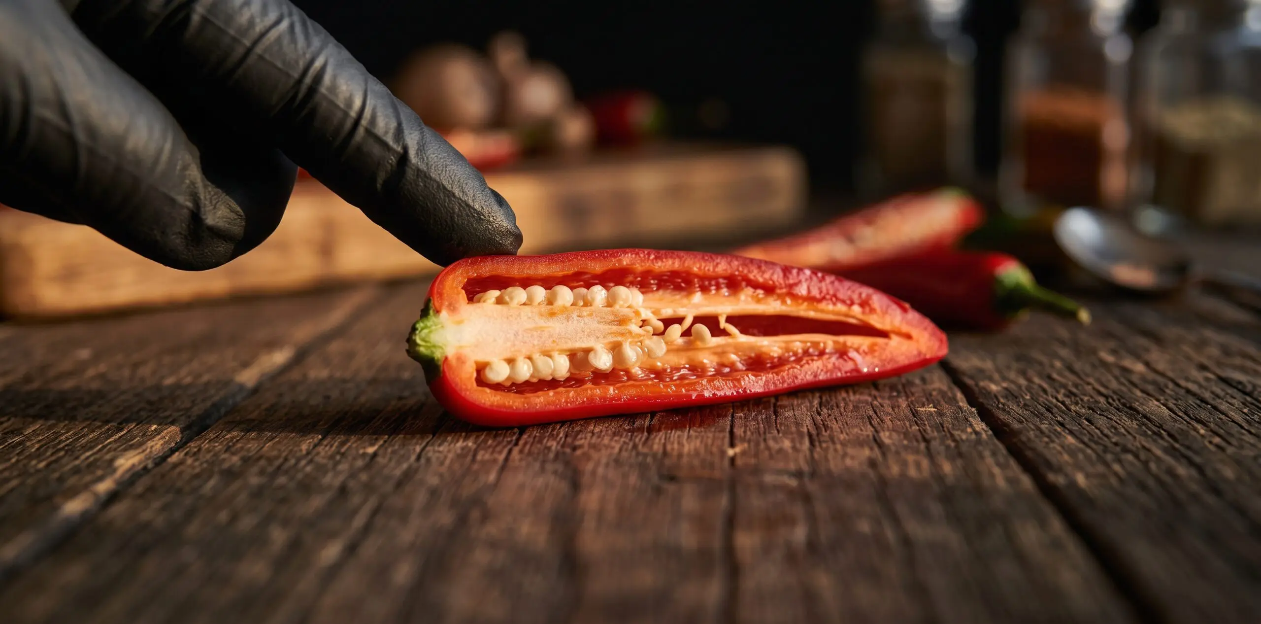 A vivid red Fresno chile halved lengthwise, cream-white ribs and glistening seeds exposed, gloved fingertip at the edge.
