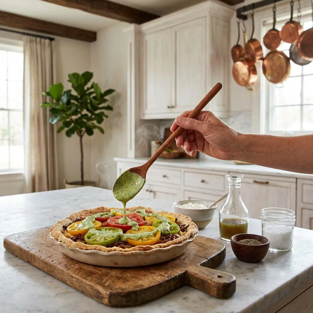 Home cook prepared steps for assembling and cooking Heirloom Tomato Tart with Green Goddess Cream.